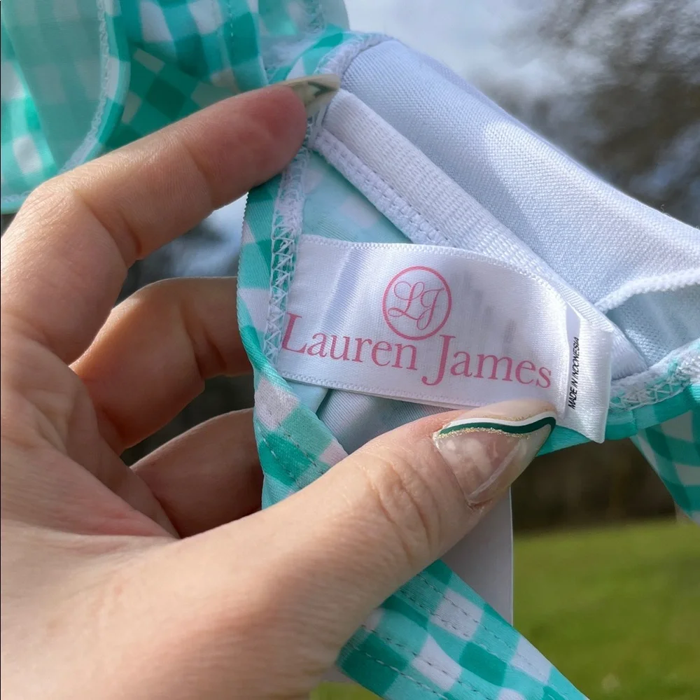 NWT $62 Gingham Off-The-Shoulder Bandeau Bikini Top in Aqua Mist by Lauren James